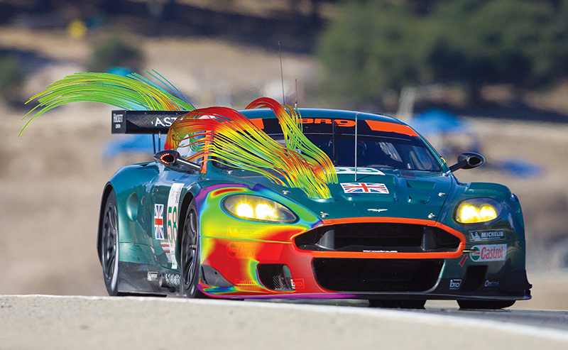 Computational fluid dynamics shows streamlines from heat exchange vents on an Aston Martin racecar.