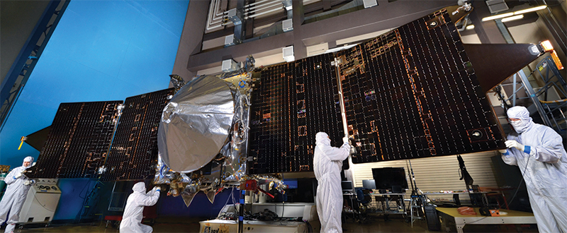 Engineers work on the MAVEN spacecraft