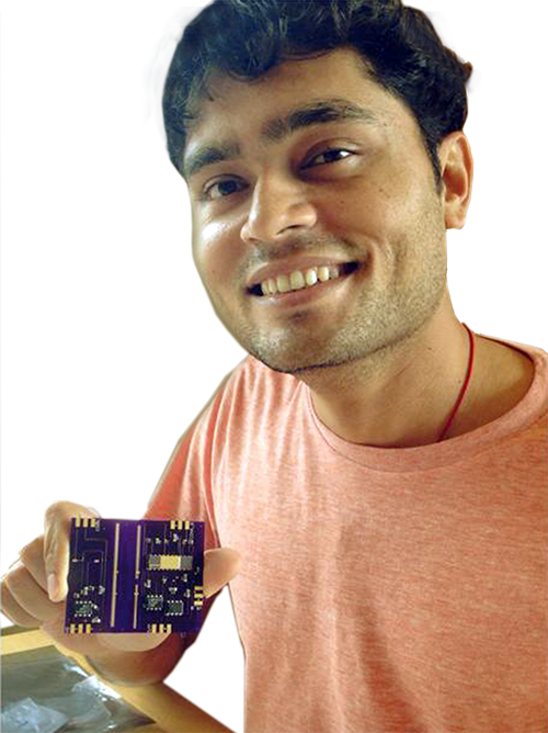 Juntura engineer Pankaj Patil holds a prototype of the company’s first position sensor.