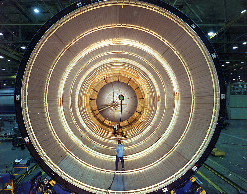 View of the inside of a Space Shuttle external fuel tank