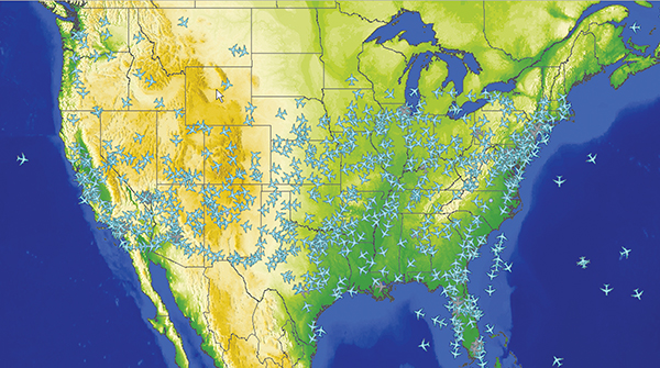 Map of United States depicting air traffic