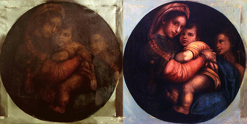 Fire-damaged painting and restored painting