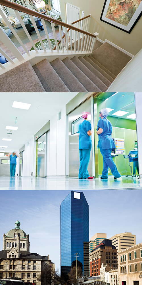 carpeted staircase, hospital, city buildings