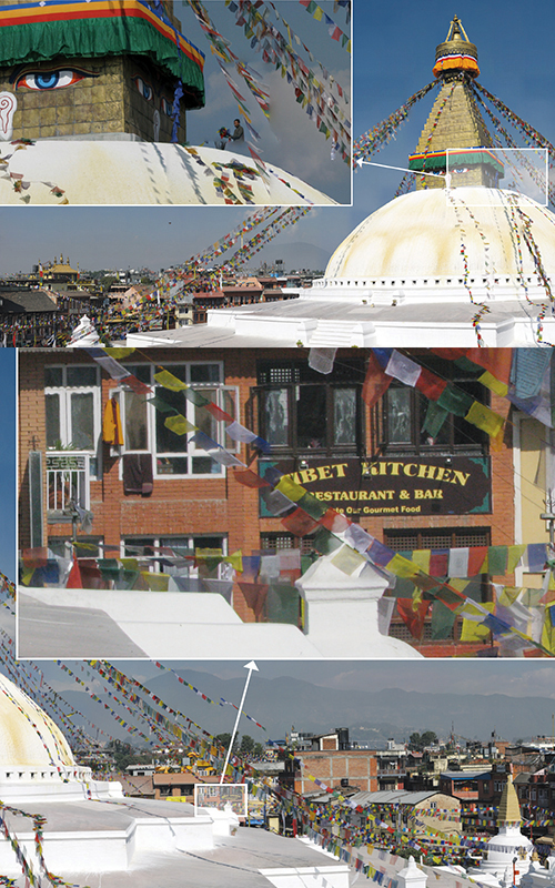 A high-resolution composite photograph shows a monk atop a temple in Nepal, the temple at a distance, and a restaurant behind the temple.