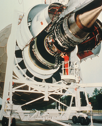 The GE90 jetliner engine sits on a test structure