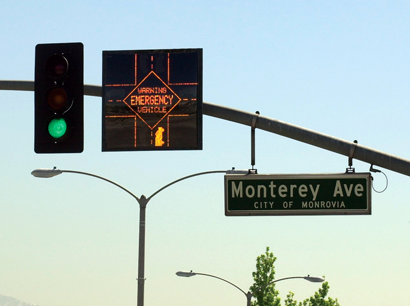 LED displays above centers of intersections inform motorists