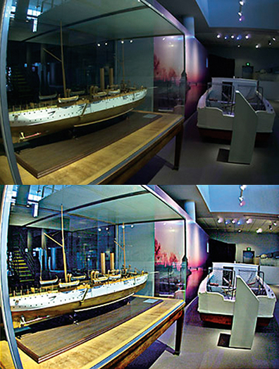 Two images of a model ship, the lower image has been lightened with PhotoFlair