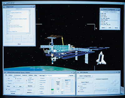 Screen shot of the EZopt program running a simulation of Space Shuttle docking trajectories