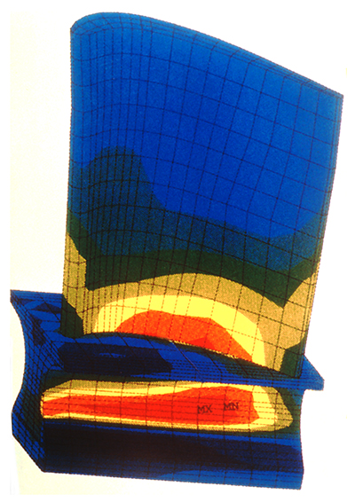 A CARES/LIFE plot shows stress levels (red/yellow highest, blue/green lowest) on a turbine blade