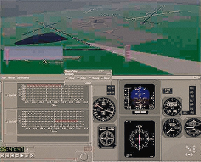 Screen shot from simulation software displays a complete aircraft control panel