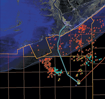 the most probable track of the vessels as blue and red lines with the collision location as a green-circled plus sign. 