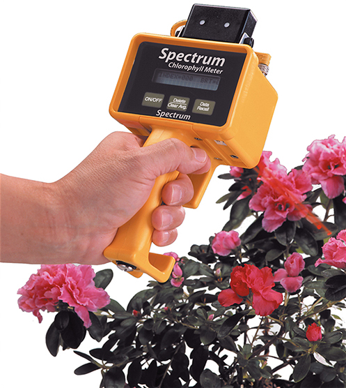 The Observer hand-held device pointed at a flowering shrub