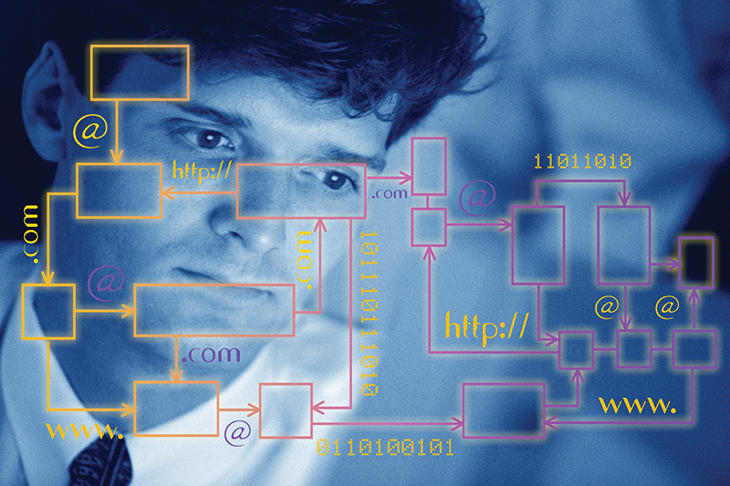 Man's face with Internet words and graphics superimposed