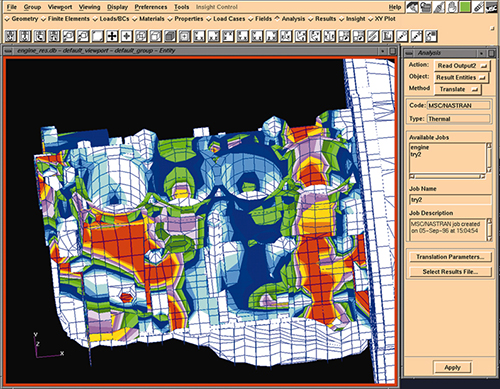 Stresses and strains of this engine are displayed in this screen shot from MSC/NASTRAN computer software