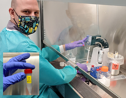 Cloths used to wipe down the space station were rinsed in the water jar seen here with an orange lid to remove microbes. That liquid was then concentrated into this vial (inset) for testing by the InnovaPrep’s CP Select system