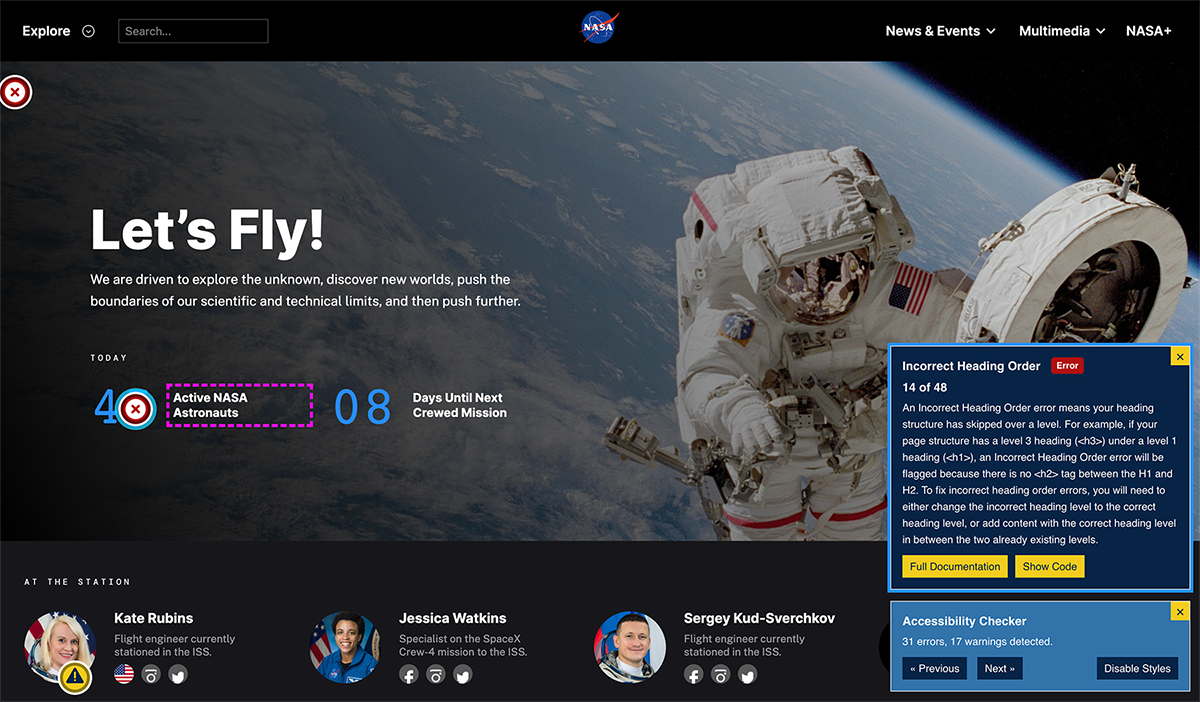 Screen grab of Equalize Digital being used on the NASA web site