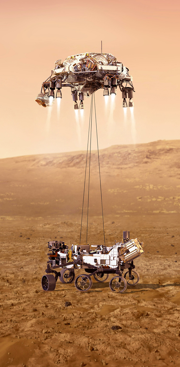 The sky crane landing systems descends toward Mars with the Curiosity rover