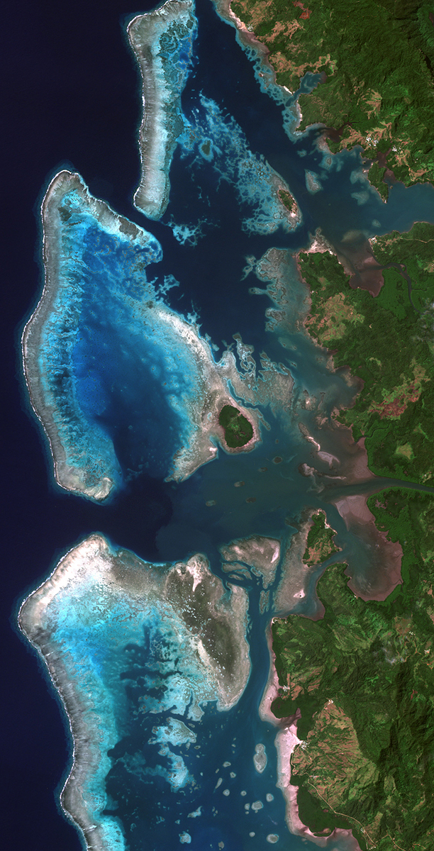 Coral reefs and reef flats along the northern coast of Vanua Levu, Fiji, mapped with Landsat 9 data processed by HySpeed Computing