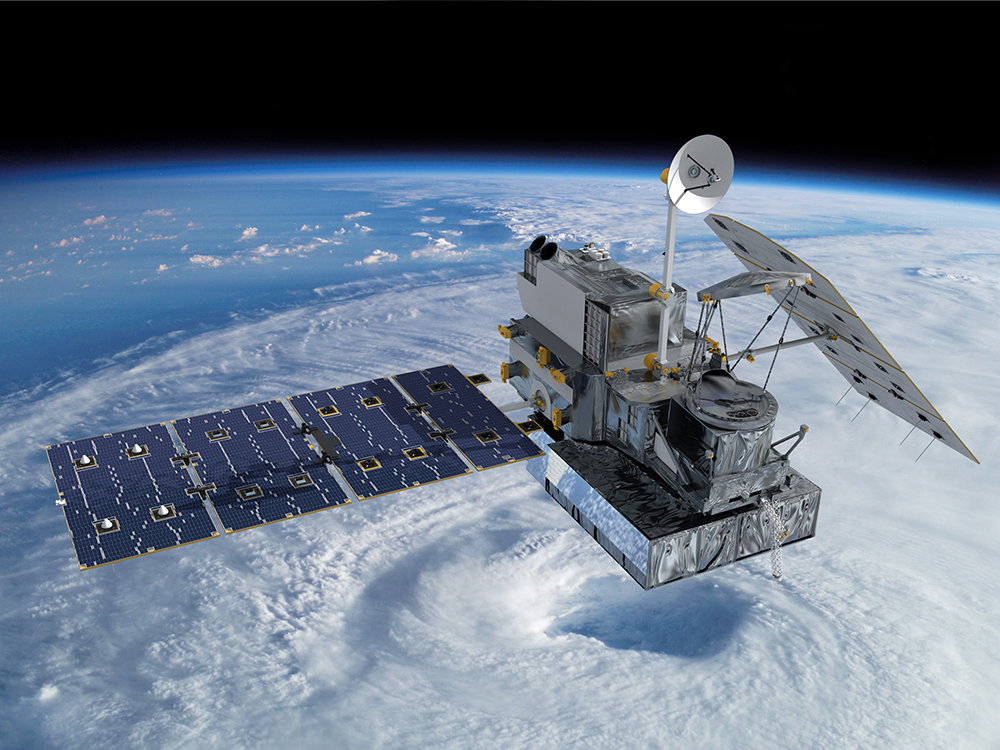 An artist's rendering of the Global Precipitation Measurement (GPM) Core Observatory in low Earth orbit over a hurricane