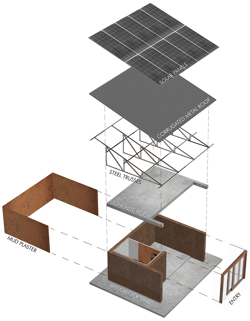 An exploded diagram of the parts of the mycomaterial house