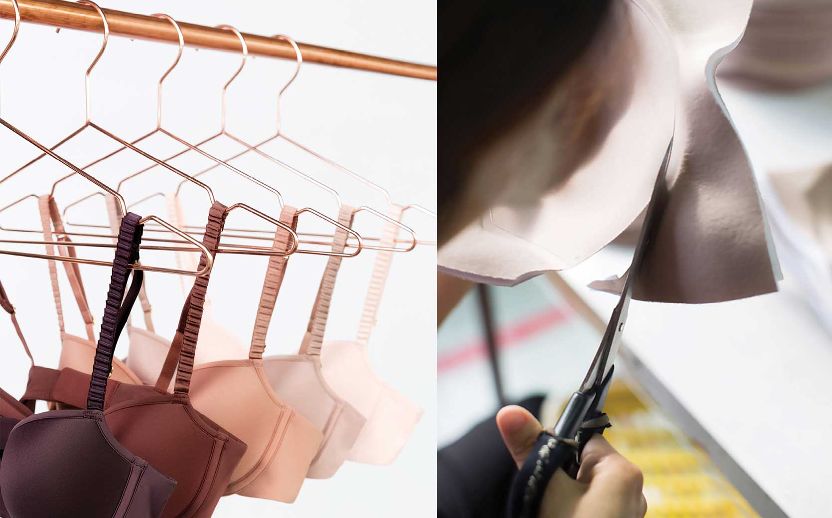 Bras hang on hangers in a closet, and a bra being made by hand