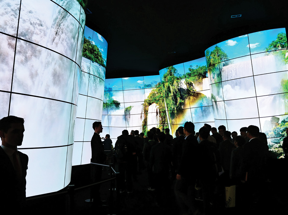 Waterfalls displayed across multiple OLED screens in an elaborate curved arrangement