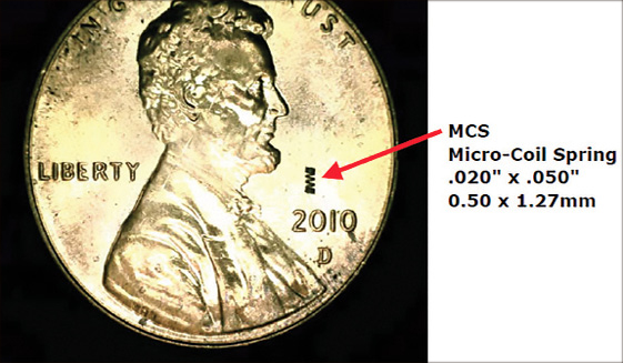 A microcoil spring shown magnified on the surface of a penny for scale