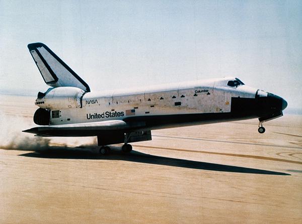 Space shuttle Columbia touches down after the first shuttle mission on April 14, 1981