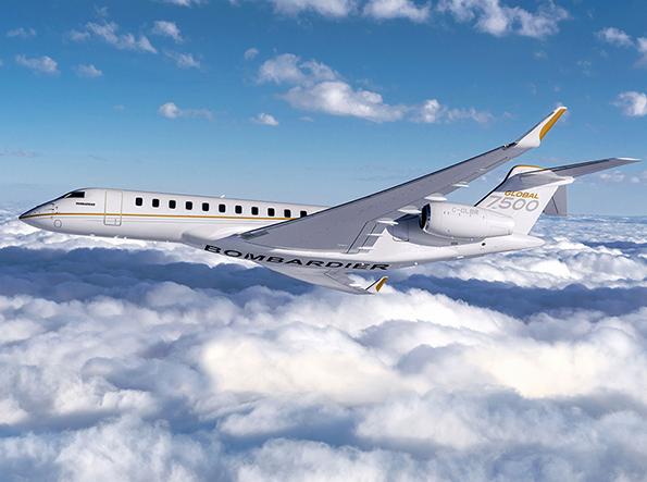 The Bombardier Global 7500 long-range business jet flies above the clouds