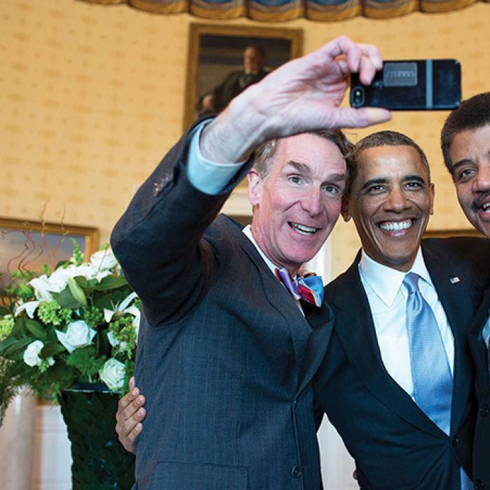 Bill Nye, President Obama, and Neil Tyson taking a selfie