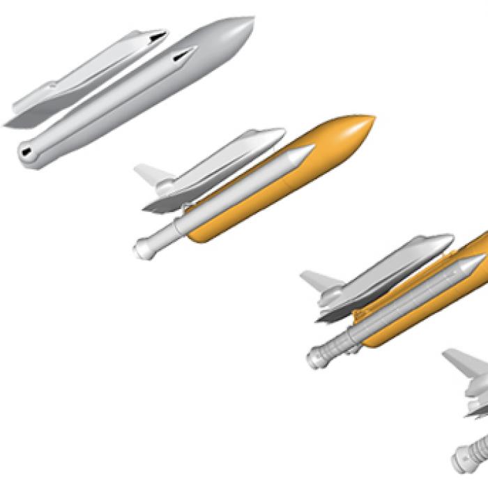 Progressive renderings of the Space Shuttle, external fuel tanks, and boosters showing increased level of detail