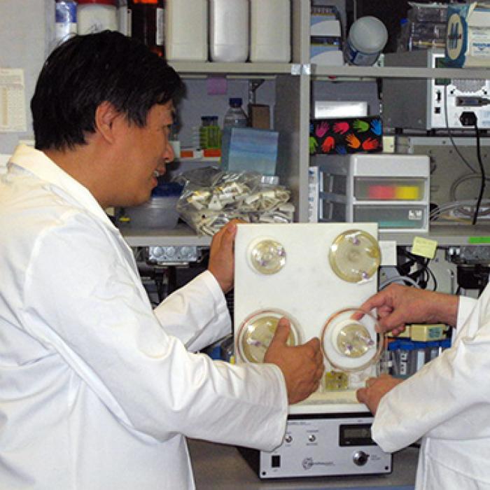 Two scientists examine a bioreactor