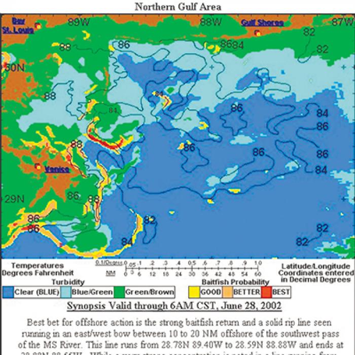 A computer display of a map and textual directions and coordinates