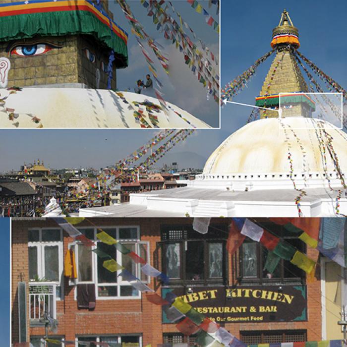 A high-resolution composite photograph shows a monk atop a temple in Nepal, the temple at a distance, and a restaurant behind the temple.