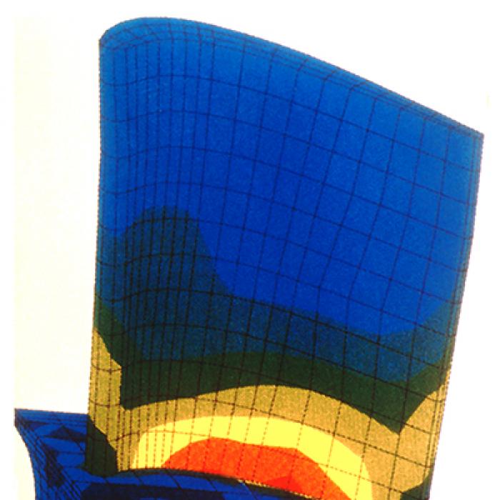 A CARES/LIFE plot shows stress levels (red/yellow highest, blue/green lowest) on a turbine blade