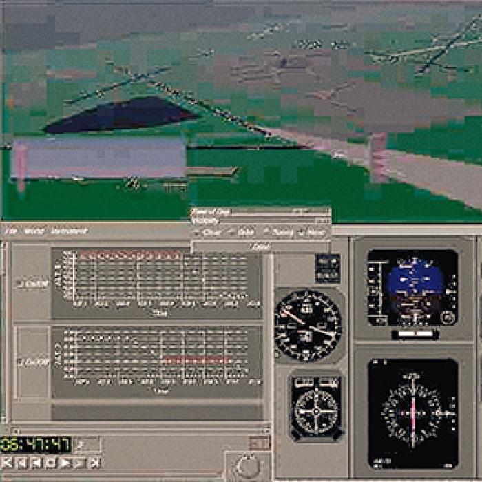 Screen shot from simulation software displays a complete aircraft control panel