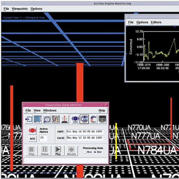 TowerView screen shot shows trend alarms displayed as flashing objects in the CyberGrid