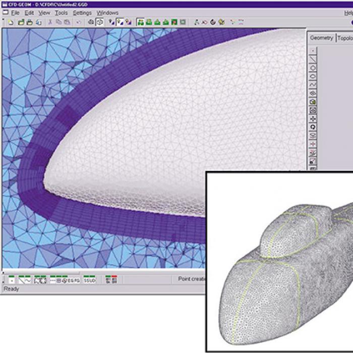 Screen shot of CFD-GEOM 3-D mesh-generation tool, with a 3-D model overlay