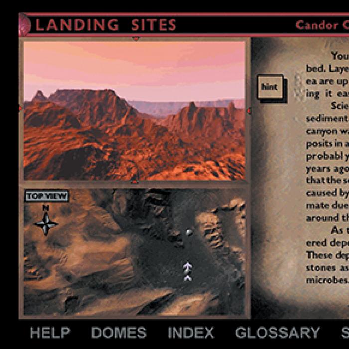 Screen shot from the Mars Virtual Exploration CD-ROM explors potential landing sites on the Red Planet.