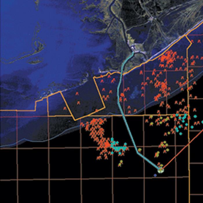 the most probable track of the vessels as blue and red lines with the collision location as a green-circled plus sign. 