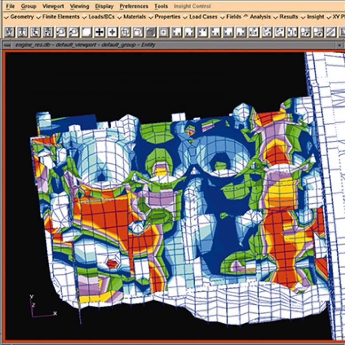 Stresses and strains of this engine are displayed in this screen shot from MSC/NASTRAN computer software