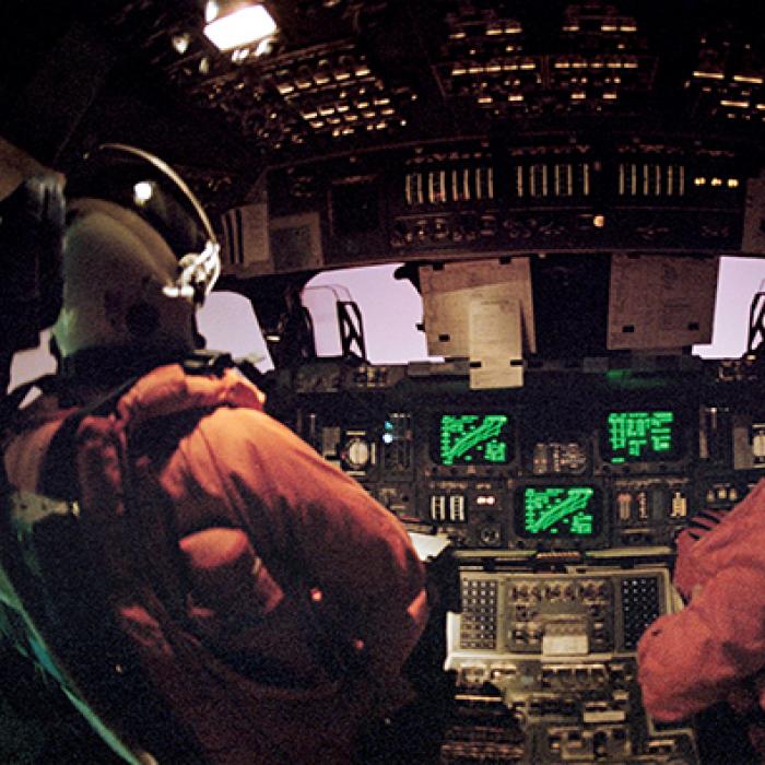 cabin view of the space shuttle during STS-42 reentry 