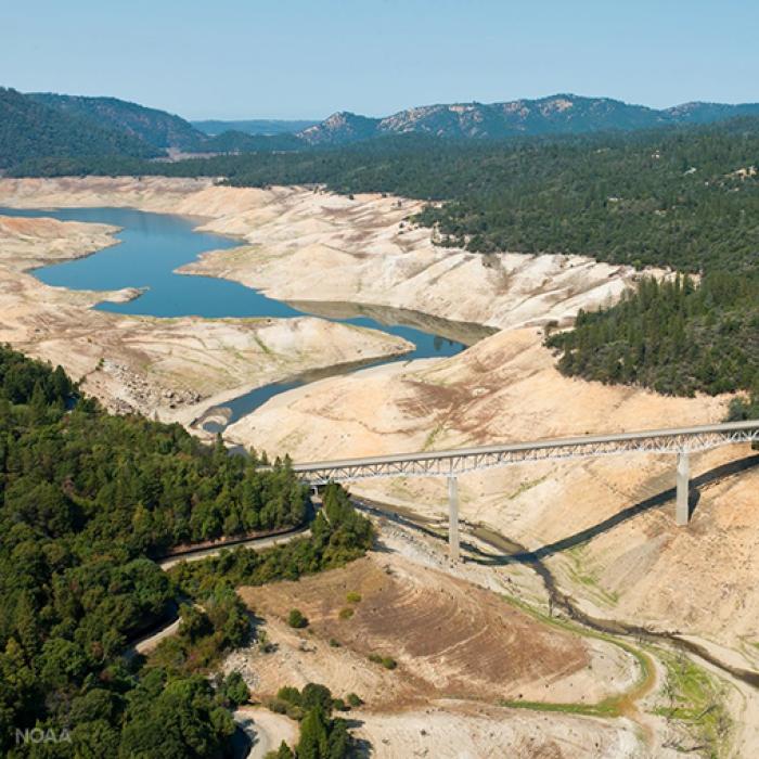 The Oroville Dam lake on the Feather River in the Sierra Nevada foothills