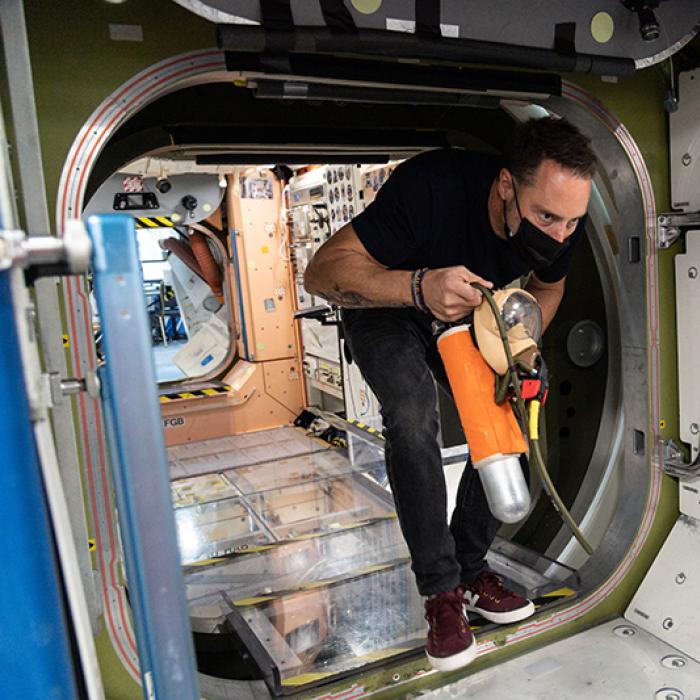 Mark Pathy, one of Axiom Space’s private astronauts, training in a replica of the International Space Station at Johnson Space Center’s Vehicle Mockup Facility