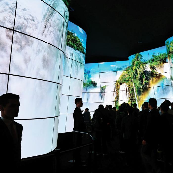 Waterfalls displayed across multiple OLED screens in an elaborate curved arrangement