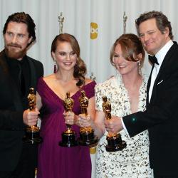 Christian Bale, Natalie Portman, Melissa Leo, and Colin Firth holding Oscars