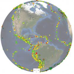 Visualization of about year’s worth of earthquakes in the Western Hemisphere