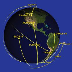 A computer composite of Earth observing satellites surrounding the planet