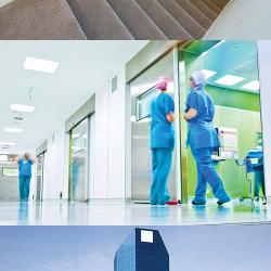 carpeted staircase, hospital, city buildings