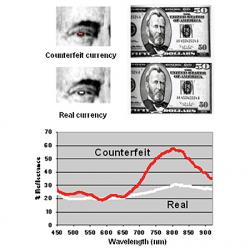 The image shows two dollar bills, one real and one fake